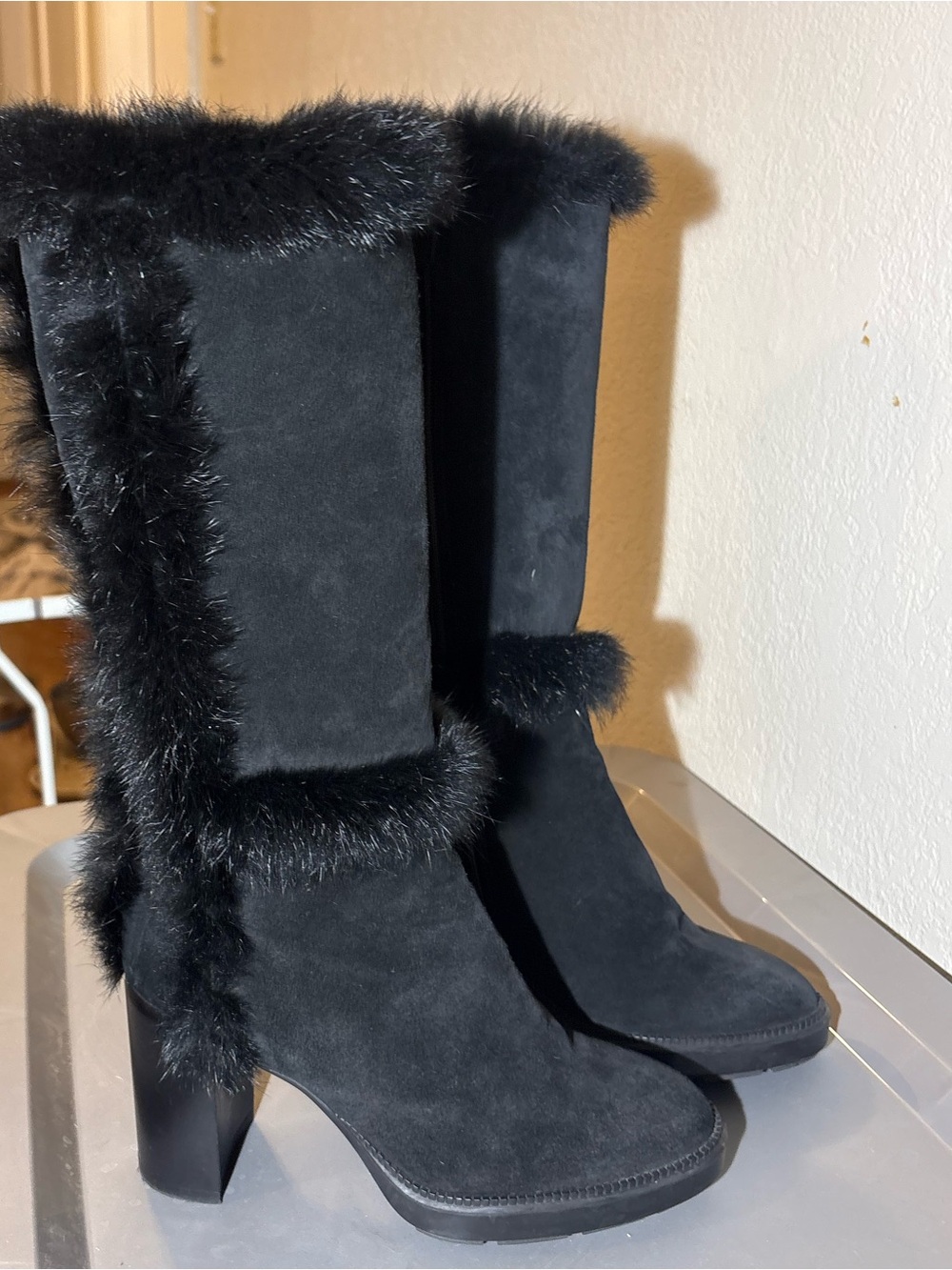 Aquatalia Black Faux Fur Trim Suede Heeled Mid-Calf Boots